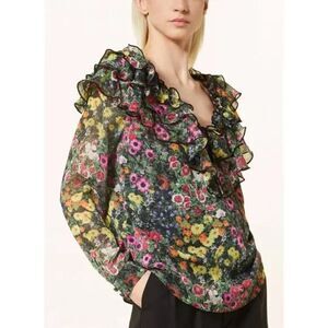 NWOT New Ted Baker Amell Black Multi-Colored Floral Ruffle Blouse US 6/M (TB 2)